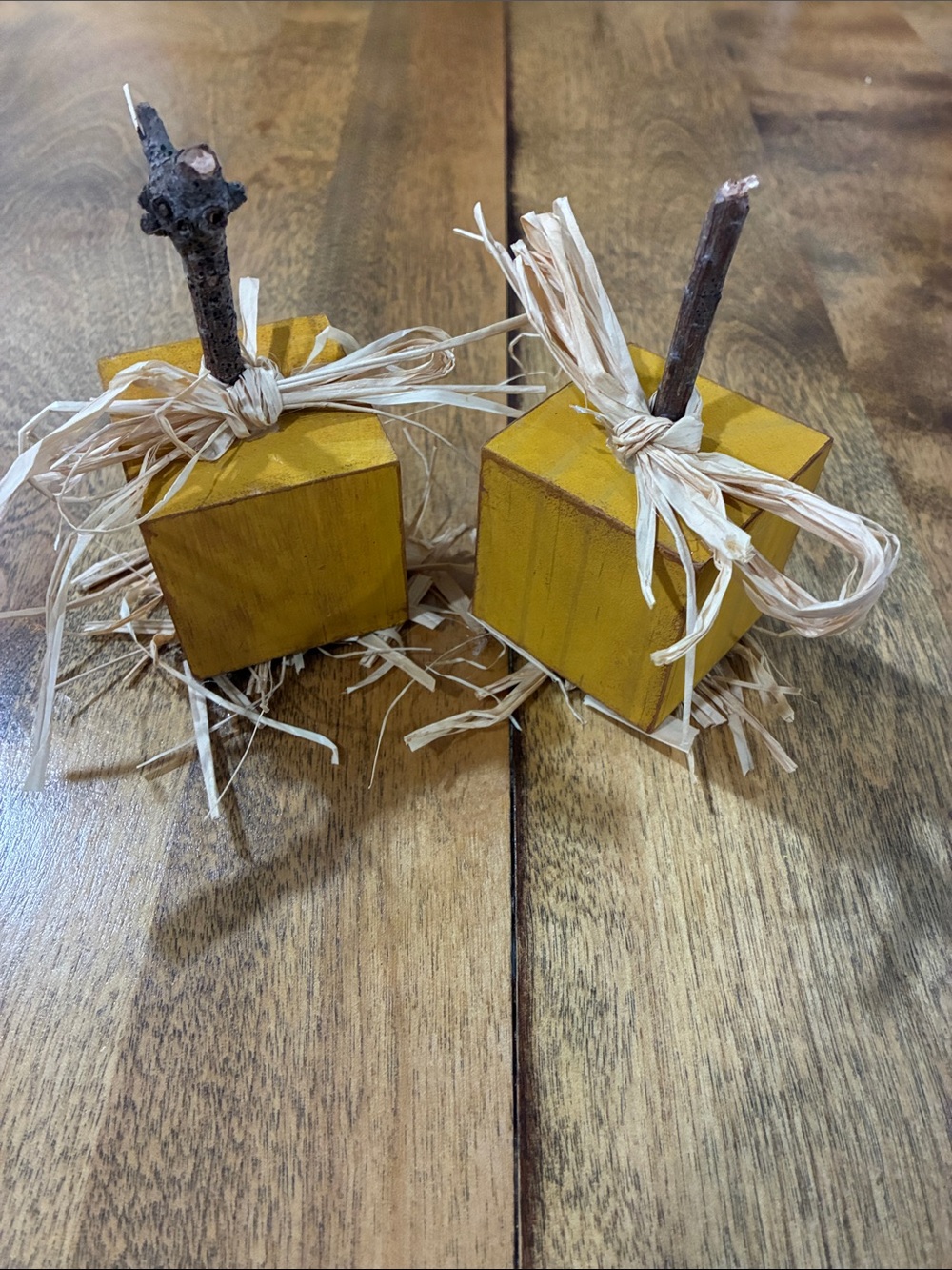 🍁Rustic Mustard Wood Cube Pumpkin Pair